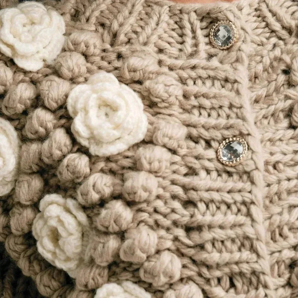 Khaki Casual Women's Crew Neck Long Sleeve Thick Knitted Loose Sweater Jacket - Picture 2 of 7